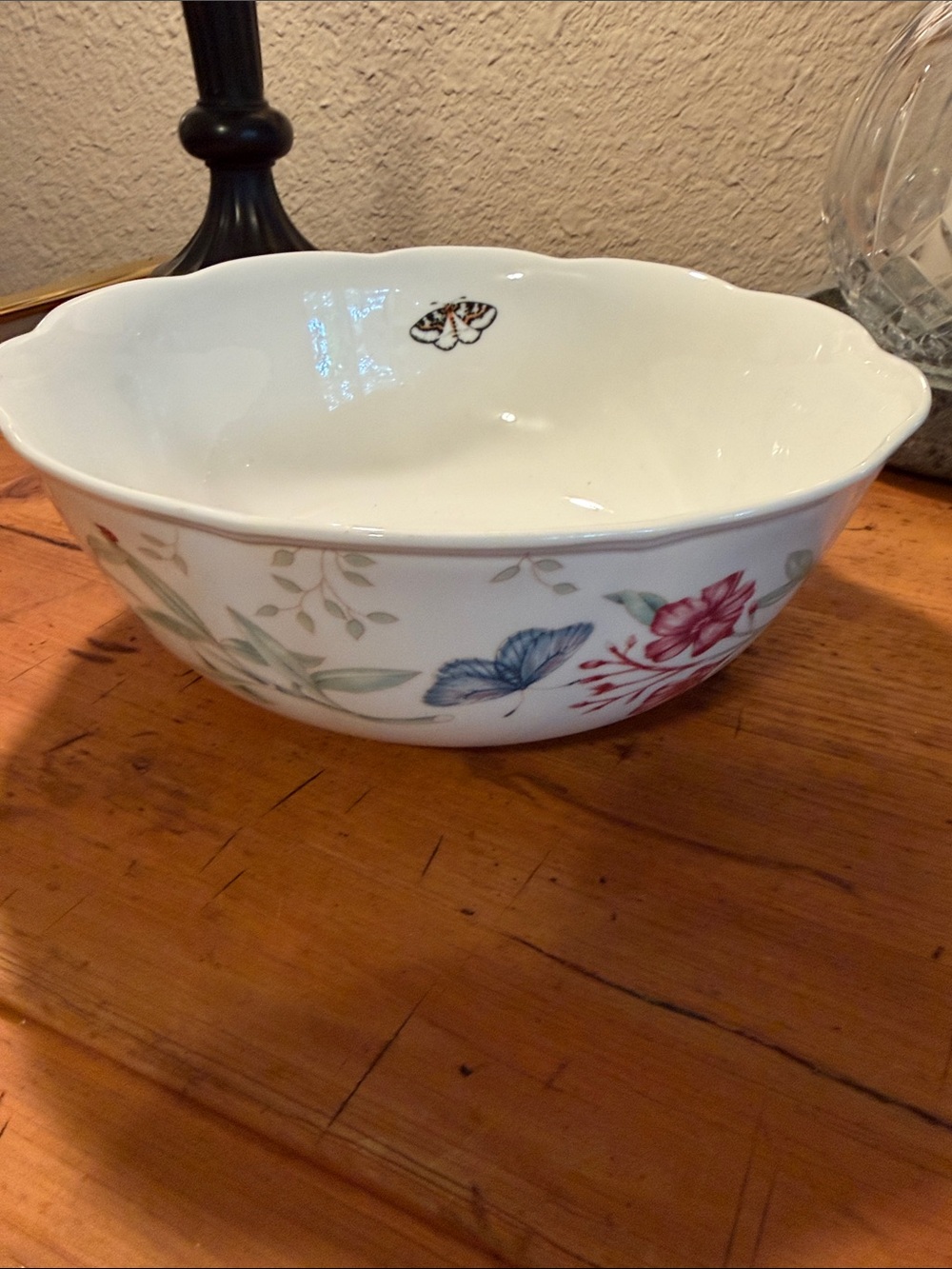 Lenox Floral and Butterfly Porcelain Serving Bowl in White, Blue, Pink
